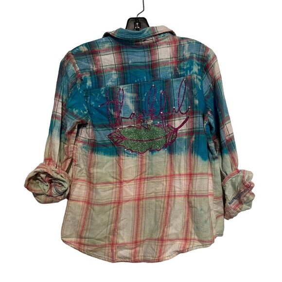 NWT Plaid Bleached Flannel Button Up Upcycled “Thankful” Size 12 Teens - Picture 1 of 3